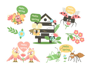 Hello spring set. Cartoon spring theme with cute bugs and birds.