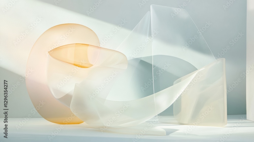 Poster colorful abstract sculptures interact with light in a minimalist setting during daylight hours. gene