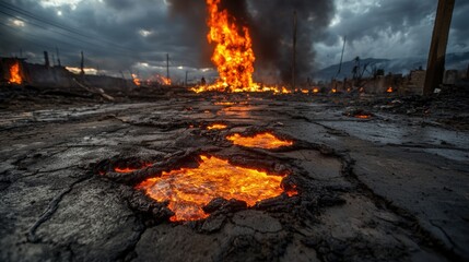 This dramatic image shows a fierce eruption with lava pouring out, consuming the ground and sending flames soaring against a backdrop of dark, smoky skies filled with ash.