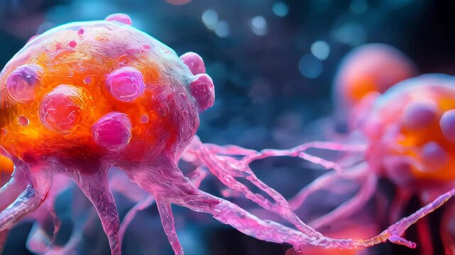 A hyperdetailed microscopic view of cancer cells growing in a biological environment