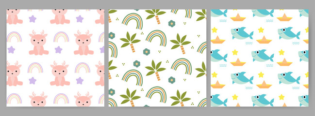 Set of childish pattern with cute elements seamless pattern for backgrounds, presentations, wrapping papers, prints, artworks. Vector illustration