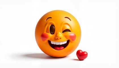 Fototapeta premium Joyful orange emoji winking with heart on white background, love expression
