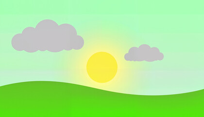 Obraz premium Warm yellow sun glowing on green landscape with soft gray clouds, brightness