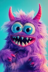 Colorful cartoon monster character with big eyes and sharp teeth, playful design for childrens entertainment, toys, Halloween, and creative artwork.