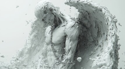 Chained angel statue, crumbling stone, ethereal, wings, sorrowful expression.  Digital art.