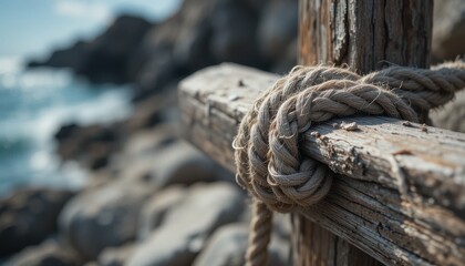 Close up of weathered rope tied to old wooden post near ocean rocks Nautical coastal texture background