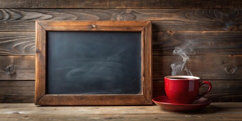 Rustic Wooden Background Featuring a Blank Chalkboard and a Steaming Cup of Coffee, Perfect for Cozy Autumn or Winter Themed Designs