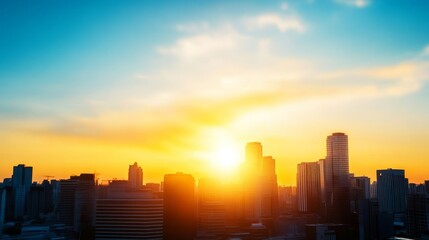 Fototapeta premium Golden Hour Cityscape Skyline - Vibrant sunset over a modern city skyline, symbolizing progress, opportunity, ambition, hope, and urban life