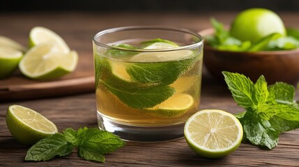 A refreshing drink with slices of lime and mint leaves, served in a glass, evokes coolness and rejuvenation, perfect for warm days or social gatherings in a casual setting.