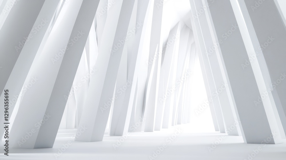 Poster white abstract architecture corridor, bright light at end, background minimal, design concept