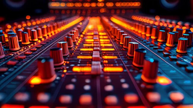 A close-up of an audio mixing console in a dimly lit recording studio, glowing orange lights illuminating the detailed control knobs and buttons