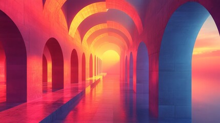 Obraz premium A long corridor of arches illuminated by a warm sunrise glow