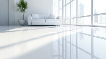 Modern white living room, city view, sunlight, minimalist design, interior design