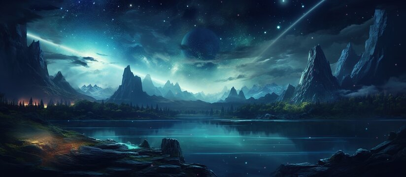 Fantasy starry sky night with mountain and lake milky way landscape. AI generated image