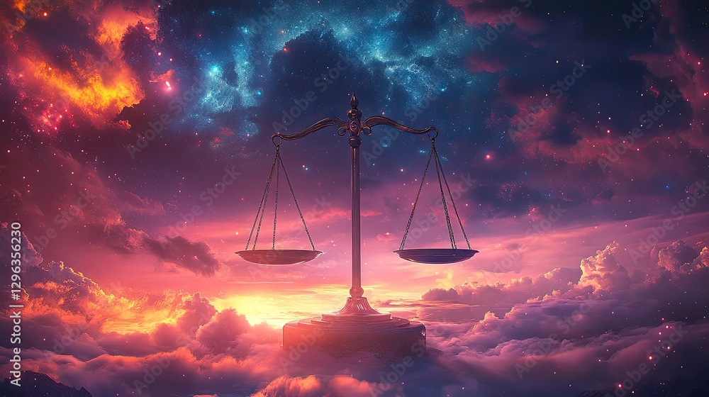 Poster cosmic balance scale â€“ a surreal scene with a balance scale representing justice.