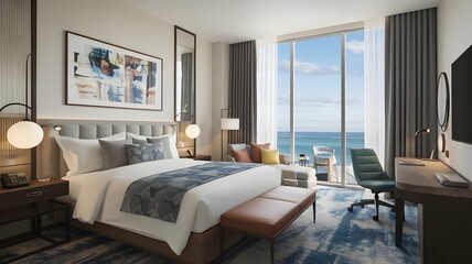 Hotel room with plush bedding, a work desk, and views of the ocean or skyline.
