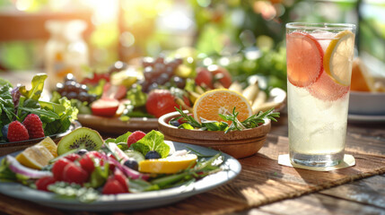 Citrus infused water and fresh fruit salad on wooden table
