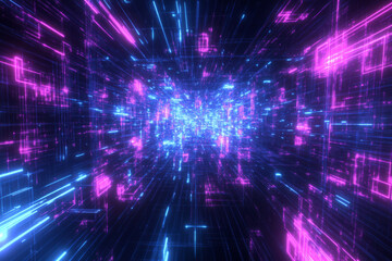 Fototapeta premium A dynamic 3D abstract background showcasing a glowing grid of interconnected digital nodes, each pulsing with electric blue and magenta energy. The depth and motion create a futuristic landscape,