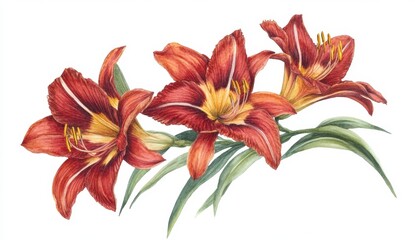 Fototapeta premium Vibrant Red Lilies with Green Leaves in Decorative Floral Arrangement