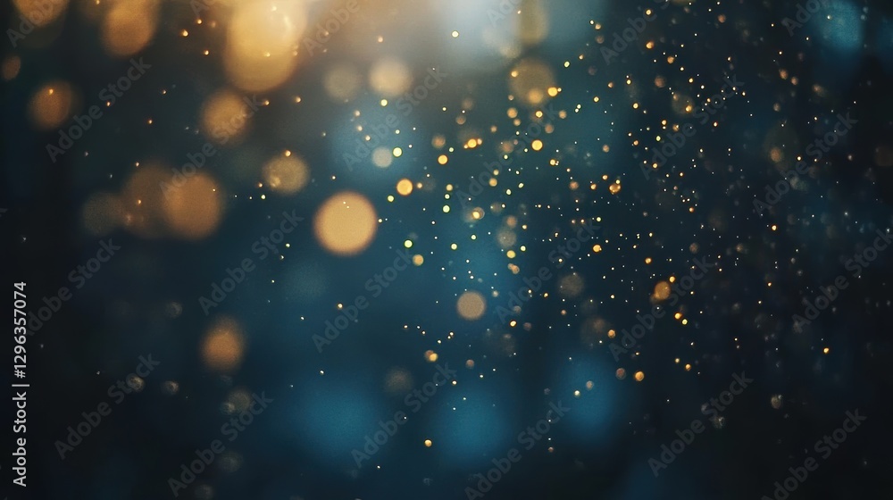Poster particles of light shimmering in dark background creating magical bokeh effect, abstract design, sof
