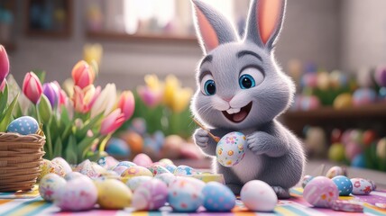 Happy 3D Cartoon Gray Rabbit Painting Easter Eggs with Striped Tablecloths and Easter-Colored Eggs, Cinematic Lighting, High-Resolution, Fine Details