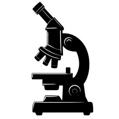 An illustration featuring a black microscope silhouette set against a clean white background depicting a laboratory microscope with detailed lenses and adjustment knobs.