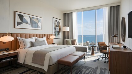 Fototapeta premium Hotel room with plush bedding, a work desk, and views of the ocean or skyline.