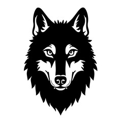 An illustration featuring a black wolf face silhouette set against a clean white background depicting a detailed wolf face with pointed ears and intense eyes, symbolizing loyalty and strength.