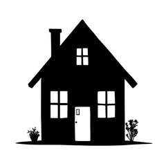 An illustration featuring a black house silhouette set against a clean white background depicting a simple house with detailed windows, door, and roof.