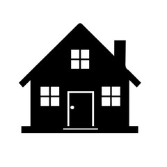 An illustration featuring a black house silhouette set against a clean white background depicting a simple house with detailed windows, door, and roof.