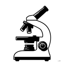 An illustration featuring a black microscope silhouette set against a clean white background depicting a laboratory microscope with detailed lenses and adjustment knobs.