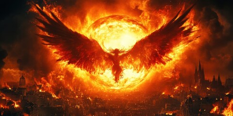 Fiery phoenix over burning city, apocalyptic scene of destruction and fire.