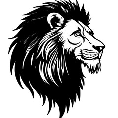 An illustration featuring a black lion face silhouette set against a clean white background depicting a detailed lion face with sharp eyes and a flowing mane, symbolizing strength and courage.