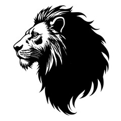 An illustration featuring a black lion face silhouette set against a clean white background depicting a detailed lion face with sharp eyes and a flowing mane, symbolizing strength and courage.