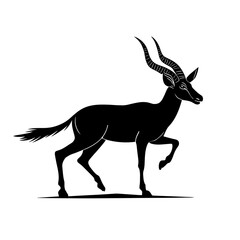 An illustration featuring a black gazelle silhouette set against a clean white background showing a gazelle with detailed horns and legs, symbolizing grace and speed.