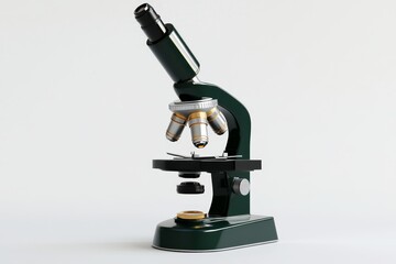 Green Compound Microscope - A detailed close-up shot of a dark green compound microscope against a white background. Ideal for science, education, and research