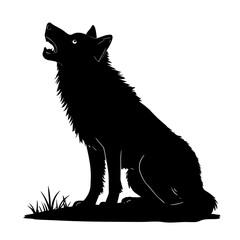An illustration featuring a black wolf silhouette set against a clean white background depicting a wolf howling with detailed fur and posture, symbolizing wilderness and loyalty.