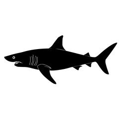Obraz premium An illustration featuring a black shark silhouette set against a clean white background showing a shark swimming with detailed fins and teeth, symbolizing strength and dominance.