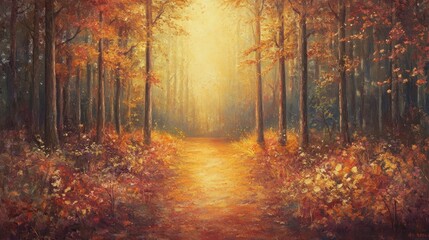 Fototapeta premium A serene autumn path through a forest, covered in colorful leaves with warm golden light filtering through the tall trees above