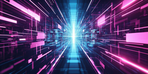 Obraz premium A high-tech abstract background with interconnected geometric structures dynamically shifting in a futuristic digital expanse. The neon reflections and precise symmetry enhance the modern cybernetic