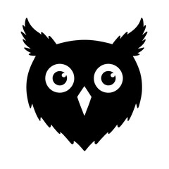 An illustration featuring a black owl face silhouette set against a clean white background showing a detailed owl face with wide eyes and a sharp beak, symbolizing wisdom and perception.