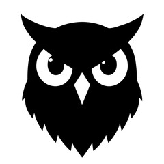 An illustration featuring a black owl face silhouette set against a clean white background showing a detailed owl face with wide eyes and a sharp beak, symbolizing wisdom and perception.