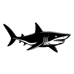 An illustration featuring a black shark silhouette set against a clean white background showing a shark swimming with detailed fins and teeth, symbolizing strength and dominance.