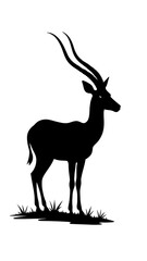 An illustration featuring a black gazelle silhouette set against a clean white background showing a gazelle with detailed horns and legs, symbolizing grace and speed.