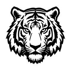An illustration featuring a tiger face silhouette set against a clean white background showing a detailed tiger face with sharp eyes and distinct stripes, symbolizing power and ferocity.