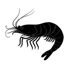 An illustration featuring a black shrimp silhouette set against a clean white background showing a shrimp with detailed antennae and legs, symbolizing delicacy and agility.
