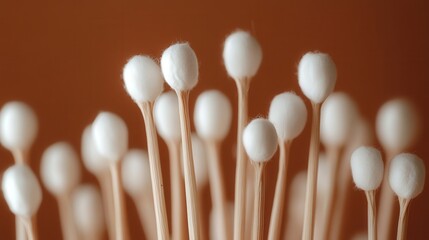 A close-up of cotton buds against a brown earth tones backdrop, with a mocha mousse color palette, offering a soft