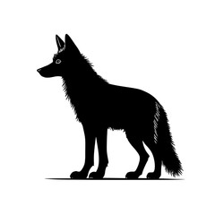 An illustration featuring a black jackal silhouette set against a clean white background depicting a jackal with detailed fur and stance, symbolizing intelligence and adaptability.