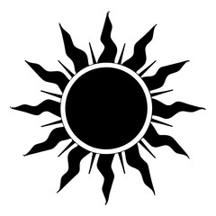 An illustration featuring a black sun silhouette set against a clean white background depicting a circle with radiating rays in detailed patterns.