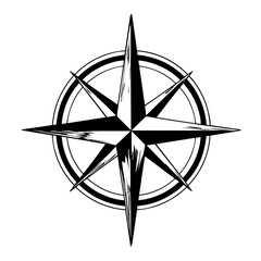 An illustration featuring a black compass silhouette set against a clean white background showing a compass rose with detailed directional points.